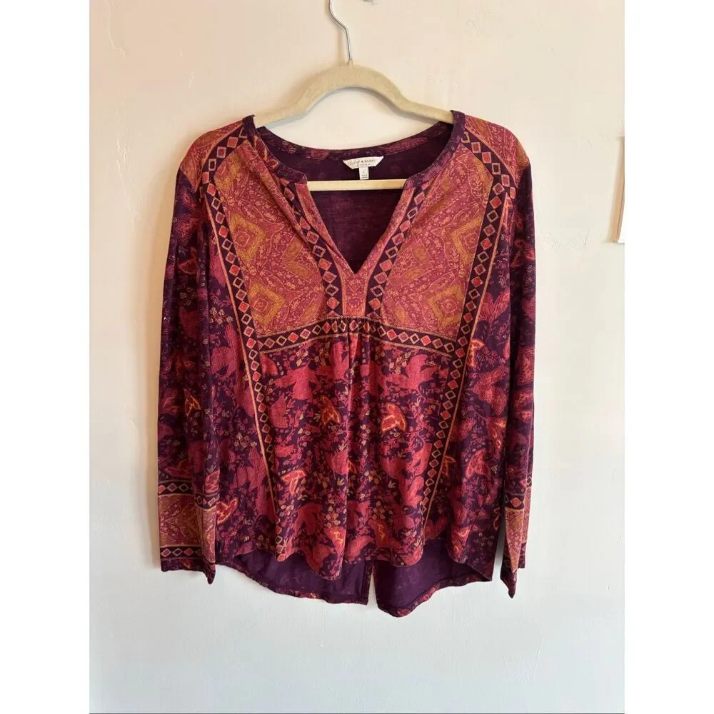 Lucky Brand Boho Long Sleeve Top Size Large Rust Red Orange V-Neck Relaxed Fit - Picture 3 of 9